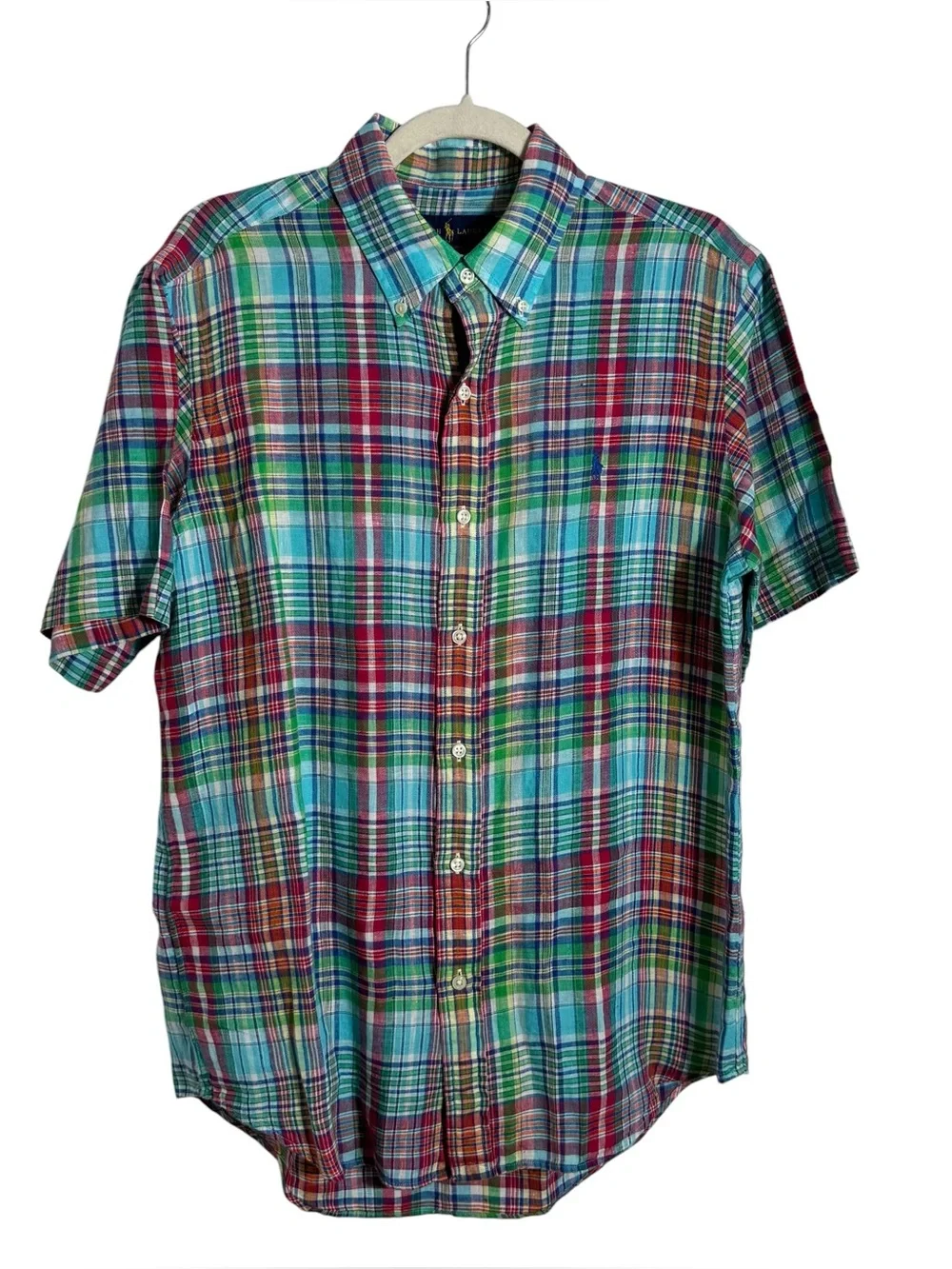Polo Ralph Lauren Linen Button Down Shirt Medium Plaid Short Sleeve